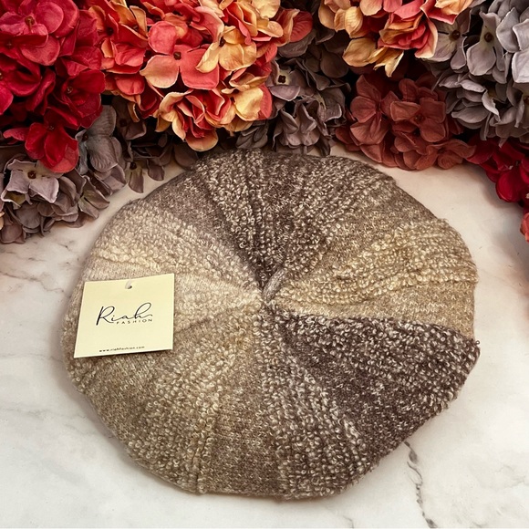 Fuzzy Knit Brown Gradient Fleece Beret Hat - Picture 9 of 15